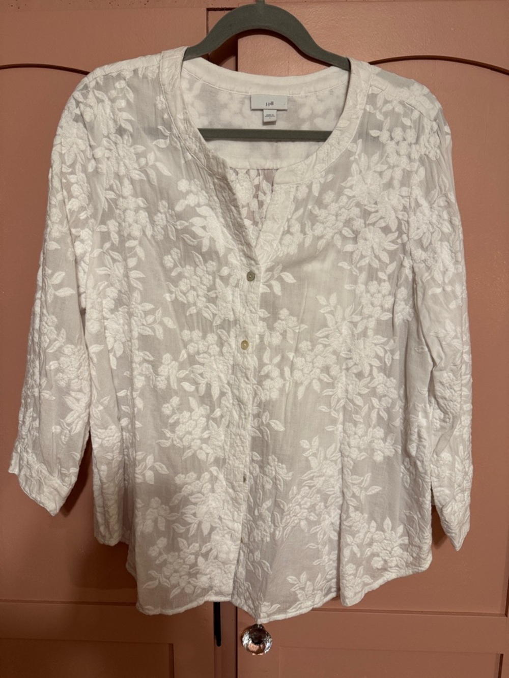J Jill White Floral Embroidered Button-Front Top